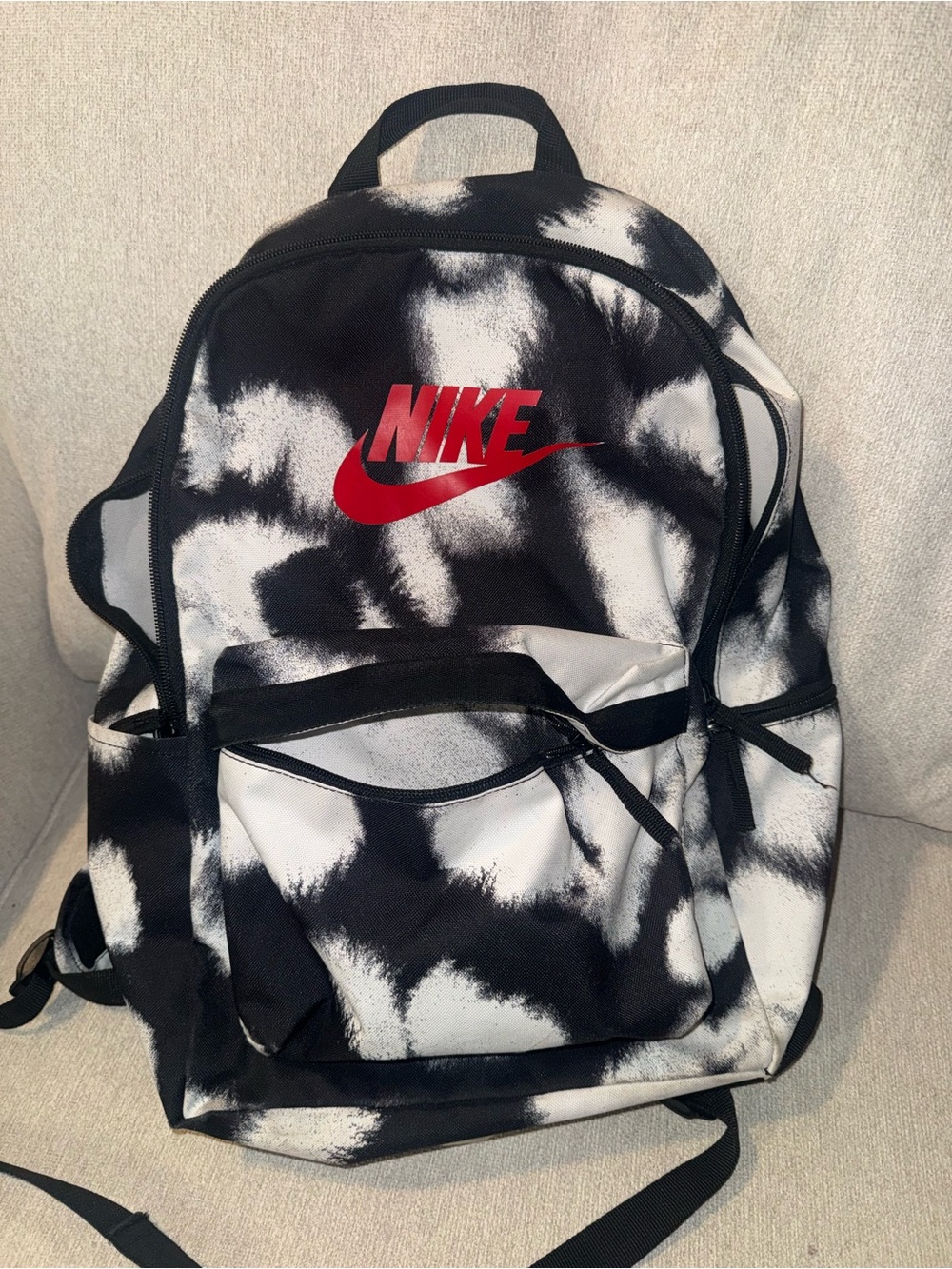 Nike Black & White Tie-Dye Backpack with Red Logo